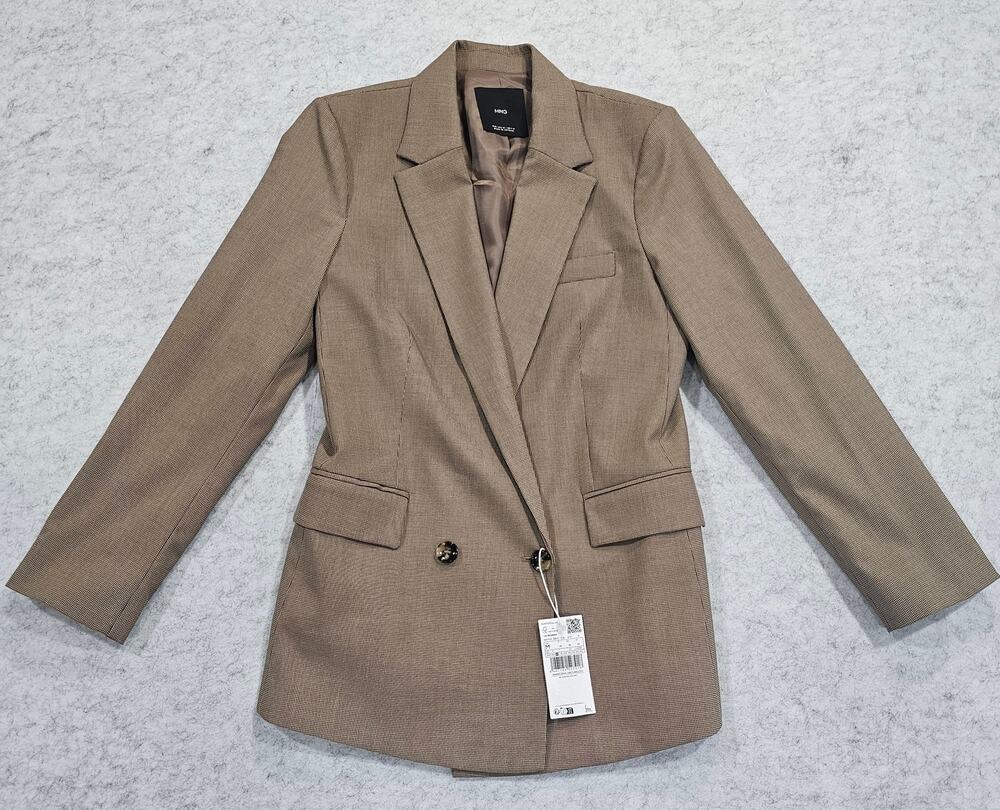 Mango MNG Blazer Double Breasted Houndstooth Tailored Brown Pockets Tan Sz M NWT